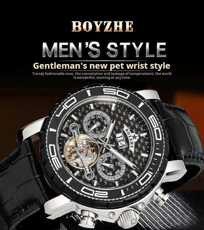 BOYZHE Brand Luxury Tourbillon Mechanical Watch Men Sports Leather Strap Waterproof Classic Date Week Automatic Sapphire Watches