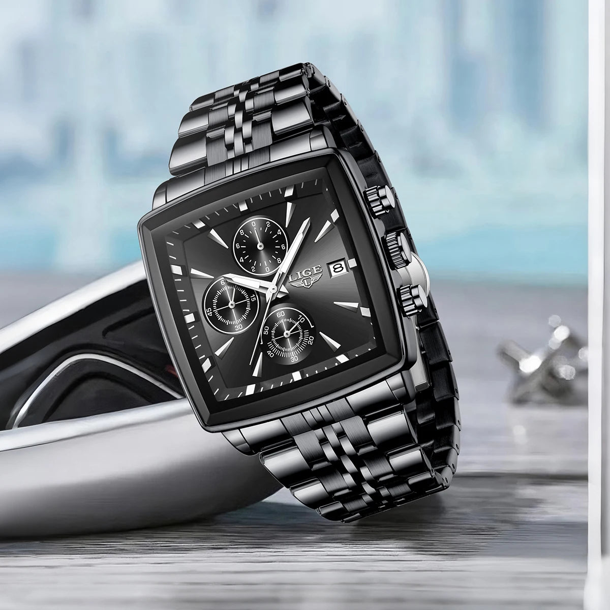 LIGE Luxusuhren für Herren, quadratisches Modell, klassischer und trendiger Stil, aus Edelstahl, wasserdicht, sportlich und lässig, mit Quarzwerk.