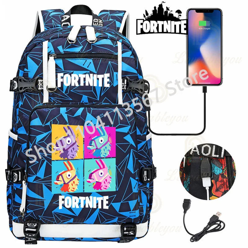 Mochila Red Jade F-Fortnited Battle Royale com carregamento USB, figuras anime e compartimento para material escolar para estudantes