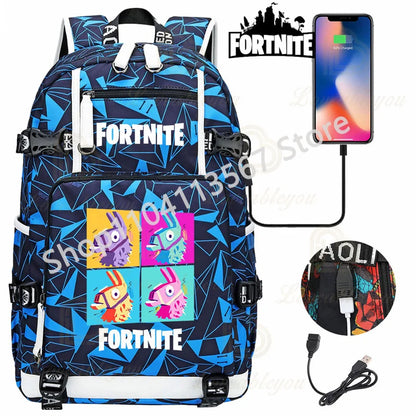 Mochila Red Jade F-Fortnited Battle Royale com carregamento USB, figuras anime e compartimento para material escolar para estudantes