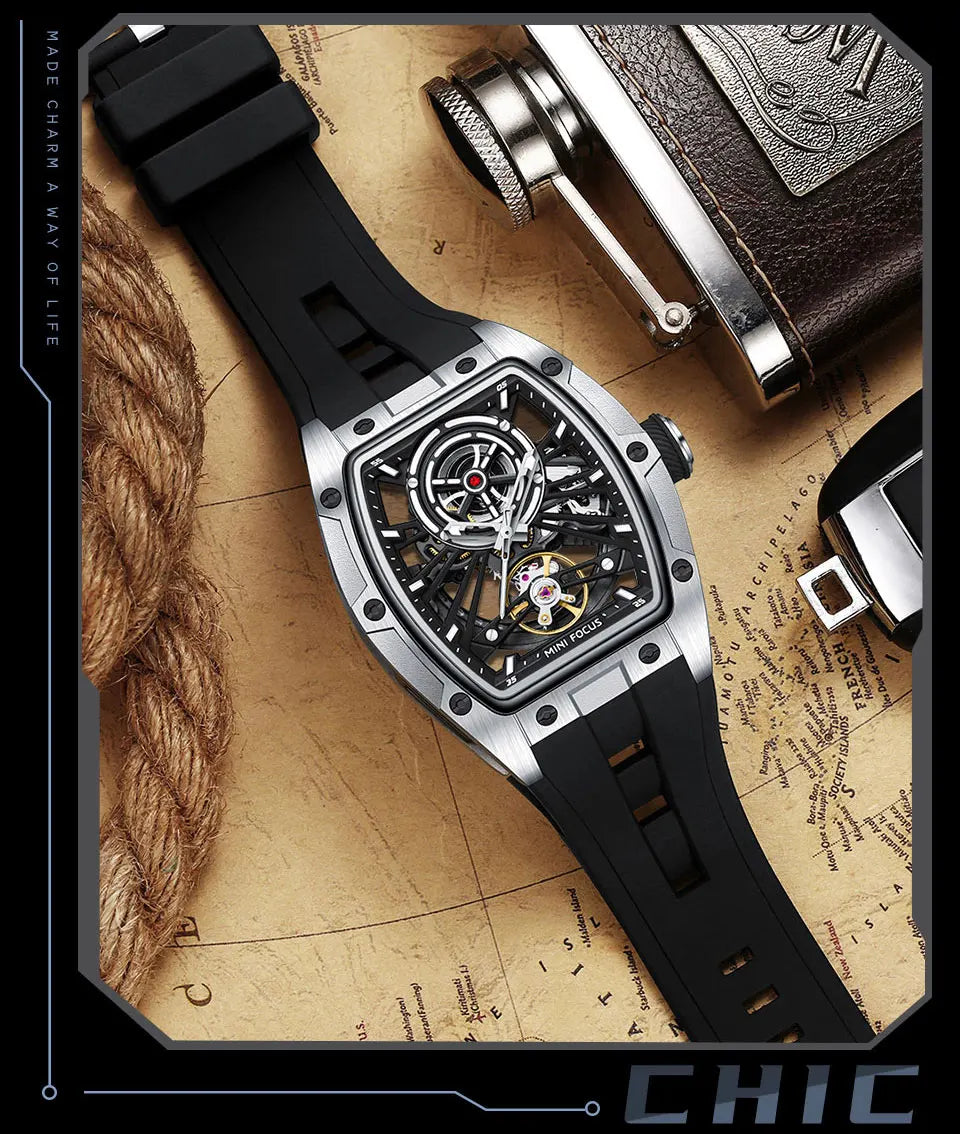 MINI FOCUS Men's Wristwatch Fashion Black Waterproof Automatic Mechanical Watch with Luminous Hands Silicone Strap Tonneau Dial