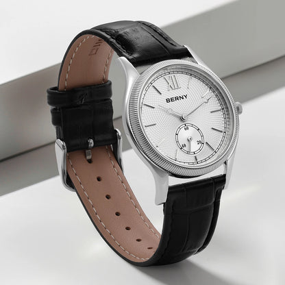 BERNY Watches for Men Luxury Slim Classic Stylish Dress Quartz Watch Stainless Steel Case Elegance Leather Band Wristwatch