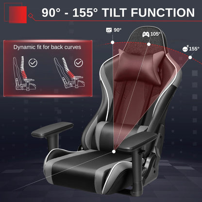 Ergonomic Gaming Chair with Headrest & Lumbar Pillow, 135° Reclining PU Leather Computer Chair for Gaming Office Setup