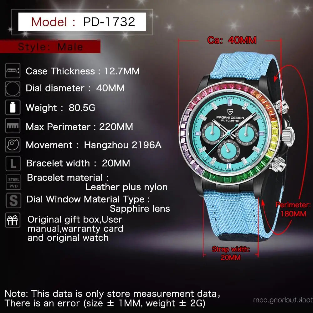 PAGANI DESIGN Luxury Men's Mechanical Watch 40mm Multifunctional Timing Watch Rainbow Bezel Sapphire Glass Men's Watches PD1732