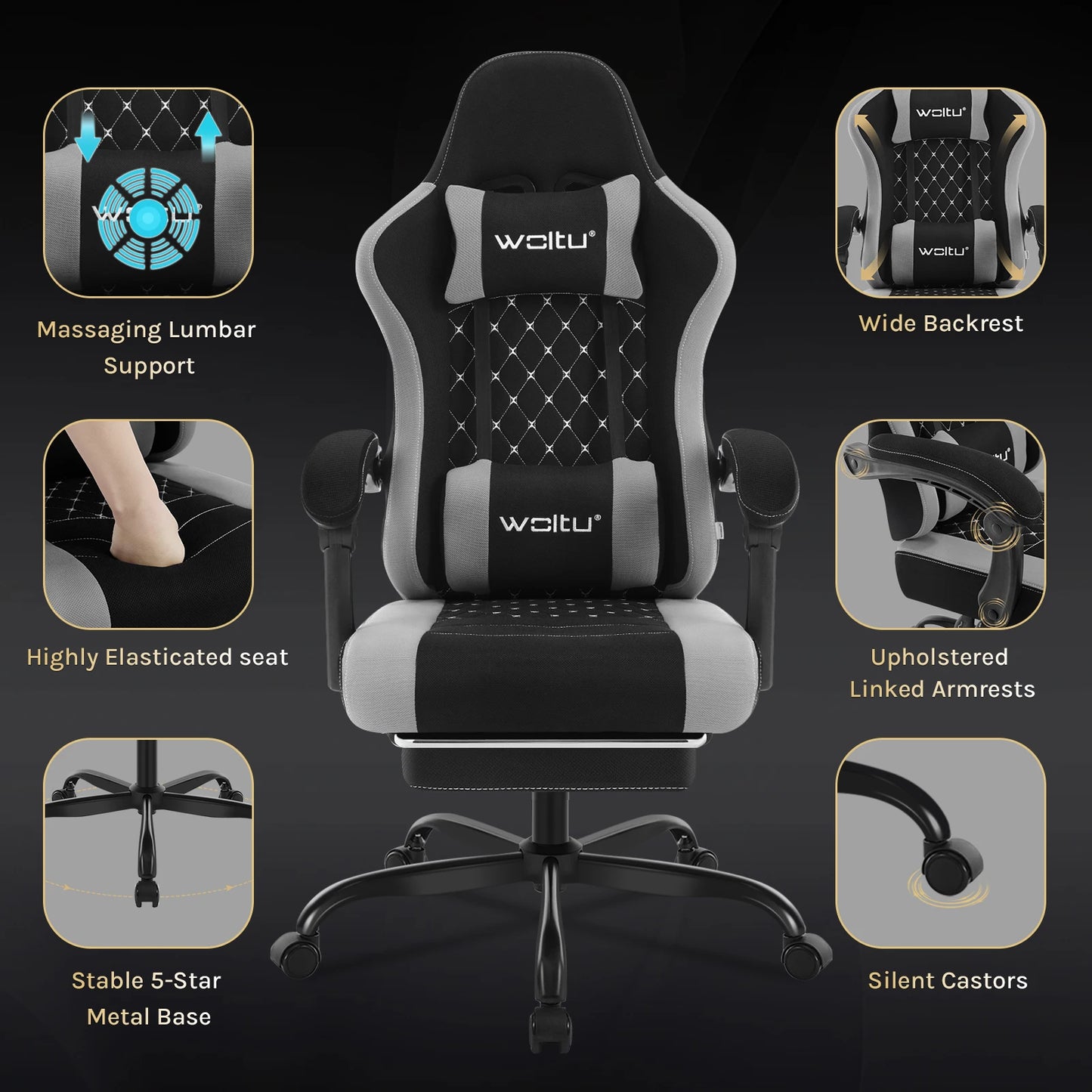 WOLTU Massage Gaming Chair Ergonomic Gamer Chair with Footrest, Lumbar Support, Adjustable Headrest, Swivel Computer Office Chair