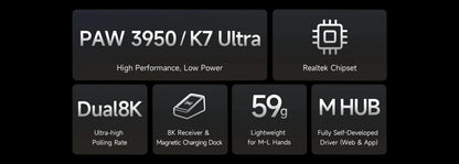 Rato Gaming Sem Fios MCHOSE K7 Ultra PAW3950 com Dupla Taxa de Polling 8K, Base de Carregamento Sem Fios Magnética Leve, Esports e Escritório