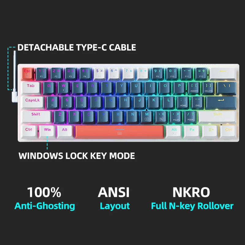 K500-B61 Machenike Mini Mechanical Keyboard 60% Form Factor 61Keys Gaming Keyboard Wired Full Key Hot-Swappable RGB Backlit