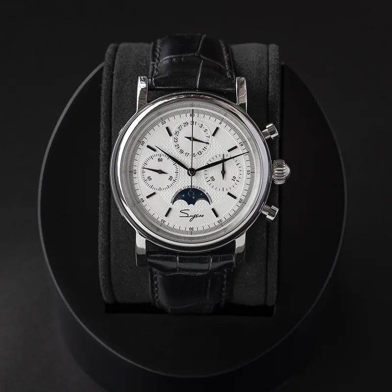 Sugess Men Watch ST1908 Swanneck Movement Mechanical Chronograph Wristwatch Genuine Moonphase Calendar Vintage Leather NEW 2023