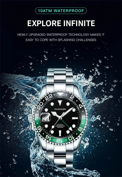 Orologio da uomo GUANQIN GMT 2025, nuovo orologio automatico da uomo NH34, meccanico da polso, vetro zaffiro, acciaio inox, per mancini