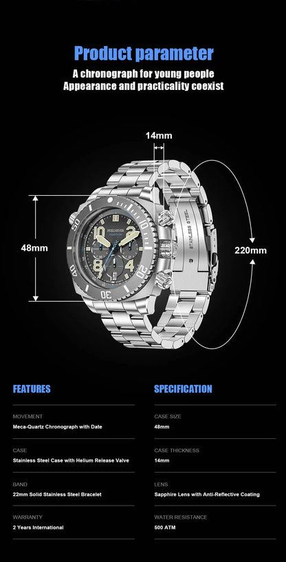 FeelNever Sport Automatic Movement Quartz Watch Stainless Steel Sapphire Crystal Watches for Men 500M Waterproof Clocks Watch for Men