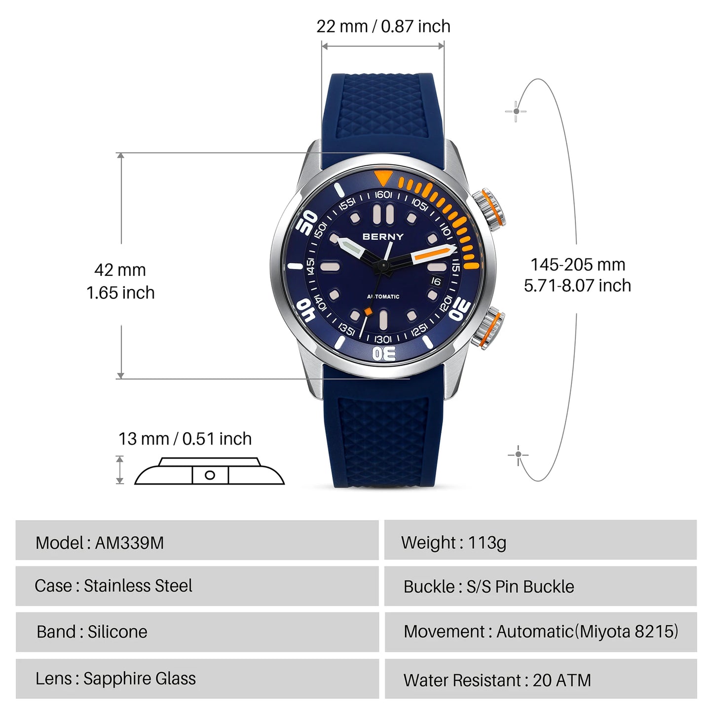 BERNY Automatic Professional Diving Watch for Men Super Luminous Scratch-resistant Sapphire Lens Top Mechanical Diver Watches
