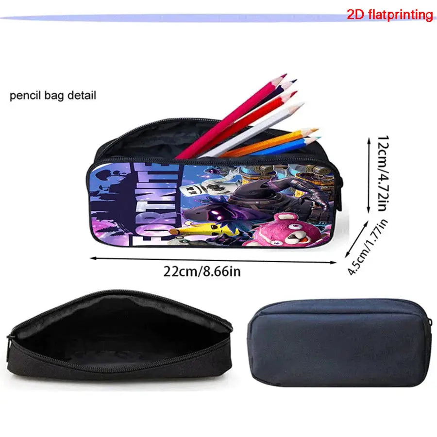 Conjunto FORTNITE leve de 3 peças: mochila com bolso frontal, lancheira e estojo, com porta-chaves 3D impresso grátis, para meninos, meninas e crianças dos 5 aos 10 anos