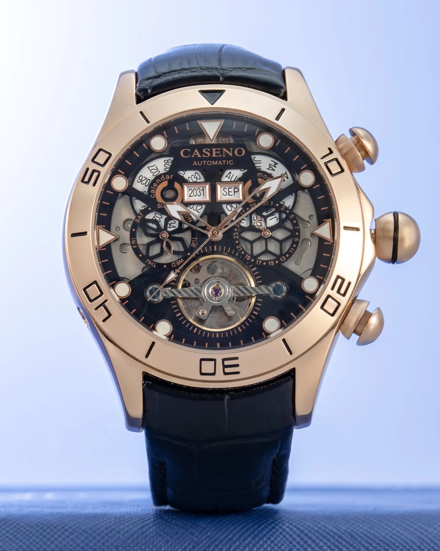 CASENO Brand Bubble Perpetual Calendar Fully Automatic Tourbillon Large Dial Mechanical Watch Belt Watch -58284G