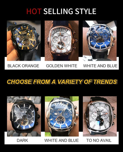 Reef Tiger 316L Stainless Steel Wine Barrel Automatic Watch Fashion Mulitfunction Tourbillon Mechanical Watches for Men RGA3069