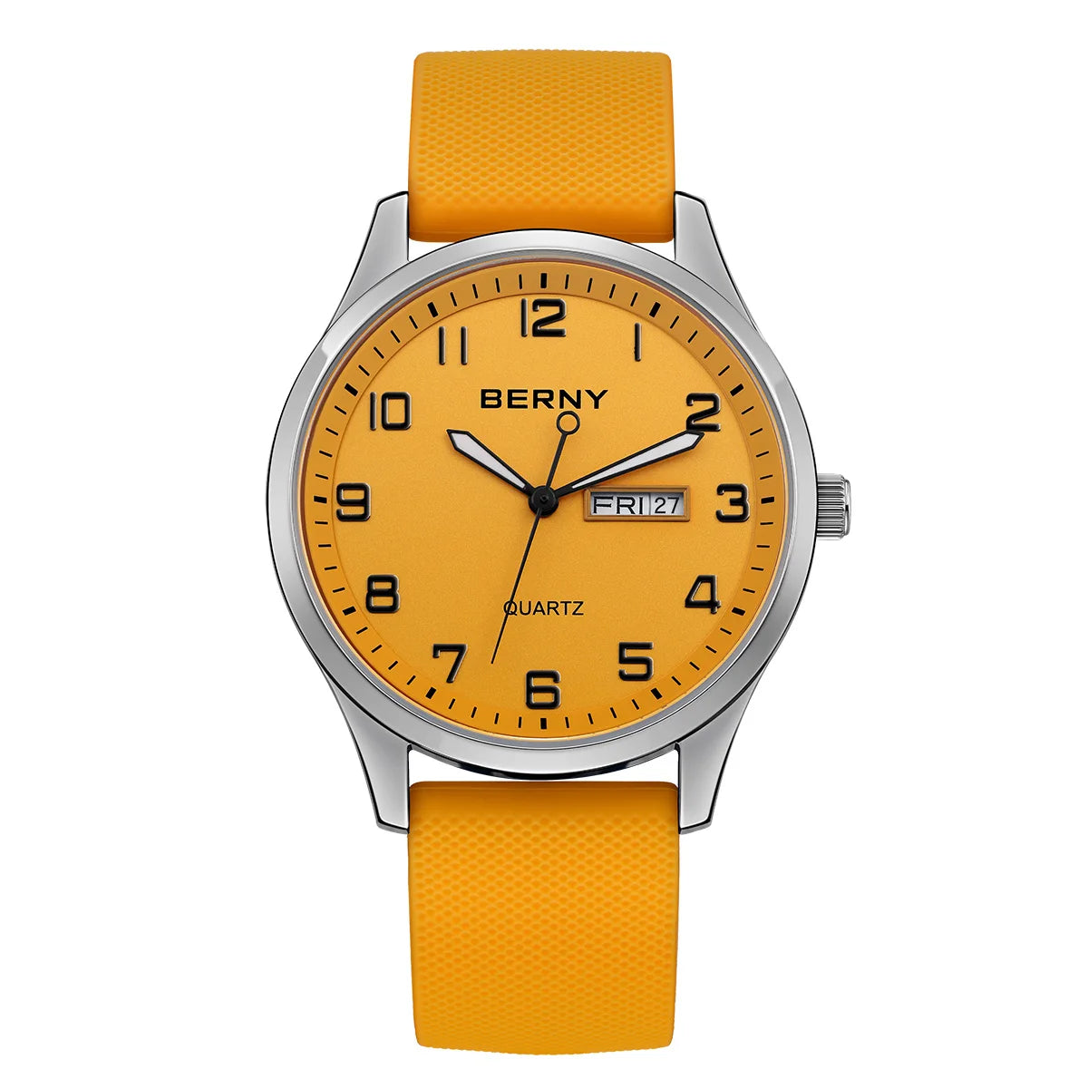 BERNY Men's Watches Luminous Calendar Week Quartz Men Watch Casual Soft Silicone Strap Easy Read Big Dial Sports Wristwatch