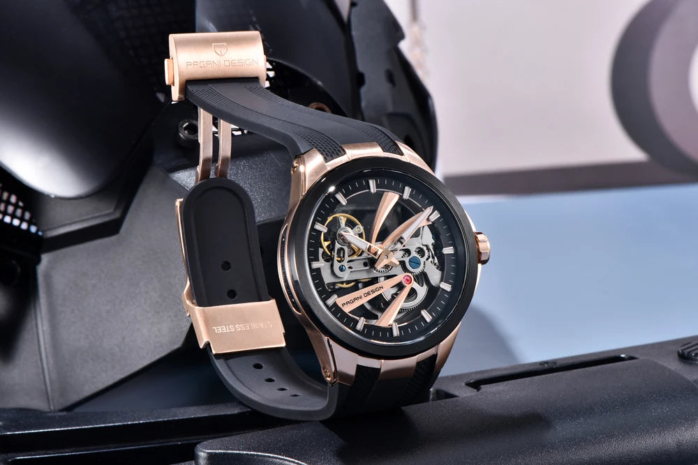 Ceas pentru bărbați PAGANI DESIGN – Model mecanic automat de lux, de tip „schelet” (cu mecanism expus), dotat cu un tourbillon, sticlă de safir cu tratament antireflex, rezistent la apă și luminescent.
