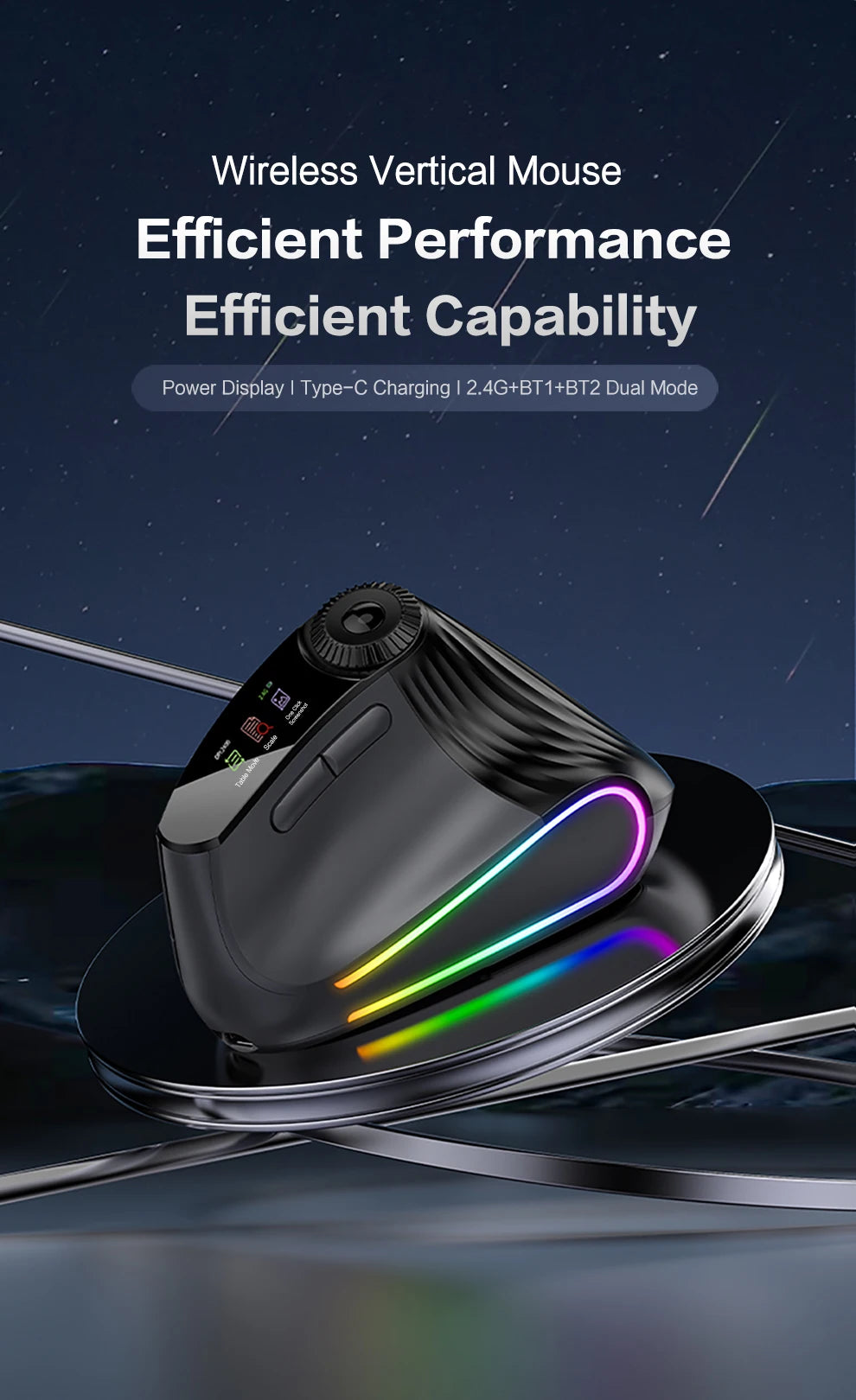 Jomaa RGB-verlichte Speed Roller draadloze verticale muis met functie-instelknop, Bluetooth USB, ergonomische muis, stille klik