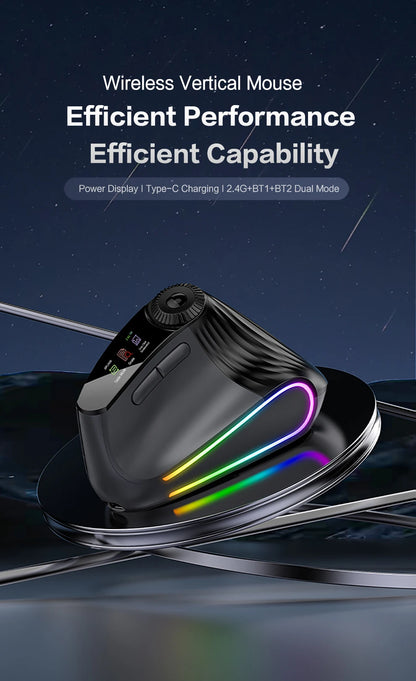 Jomaa RGB-verlichte Speed Roller draadloze verticale muis met functie-instelknop, Bluetooth USB, ergonomische muis, stille klik