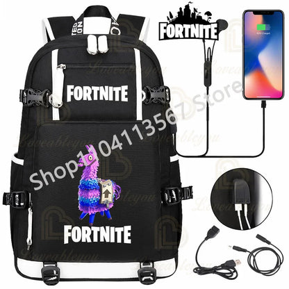 Mochila Red Jade F-Fortnited Battle Royale com carregamento USB, figuras anime e compartimento para material escolar para estudantes