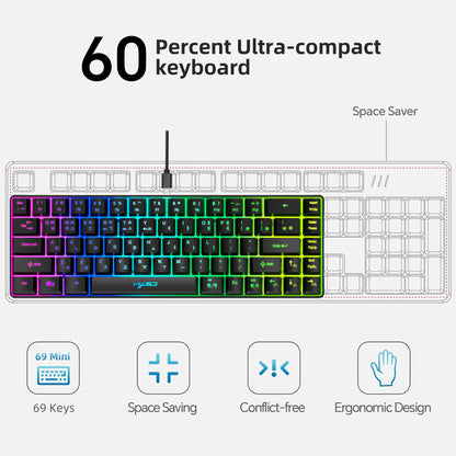 Teclado gaming coreano portátil HXSJ V200 de 68 teclas, teclado de membrana cableado para oficina con retroiluminación RGB al 65% para PC de escritorio y portátiles