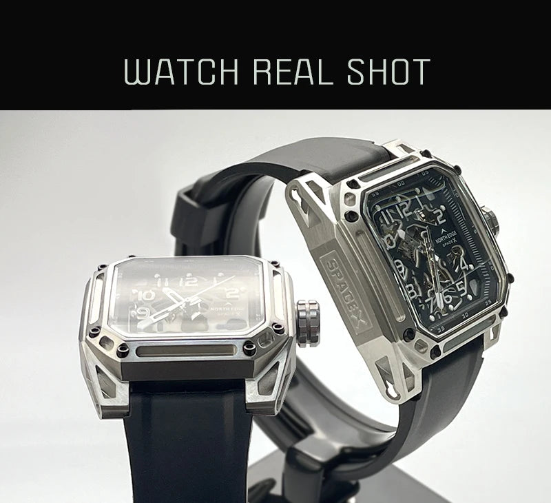 NORTH EDGE Men's Mechanical Watches Stainless Steel Skeleton Automatic Watch For Men Waterproof 100M Seagull's Movement Space X