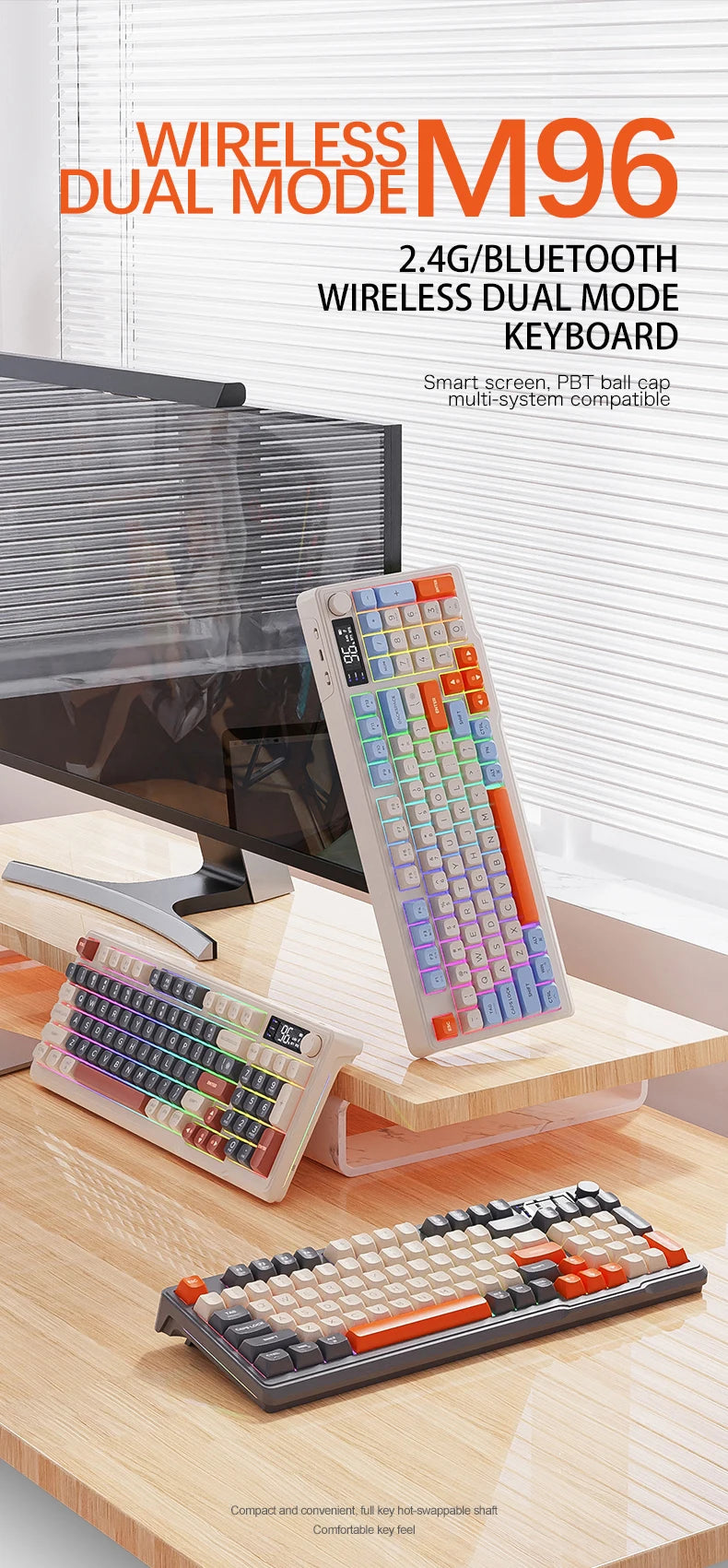 M96 Bluetooth Wireless Keyboard FREEWOLF Digital Display, RGB Backlight, 2000mAh Battery & PBT Keycaps for PC/Laptop