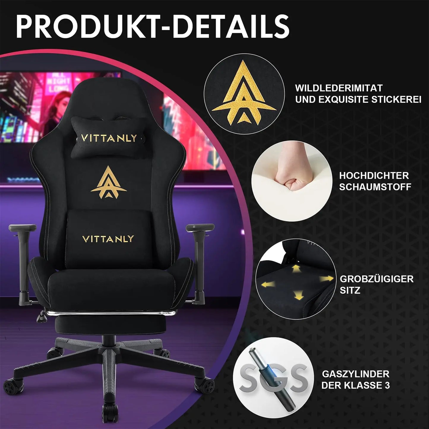 Cadeira Gaming Vittanly Respirável para Escritório em Tecido de Alta Qualidade, Nova Cadeira de Secretária Ajustável e Giratória com Apoio para os Pés
