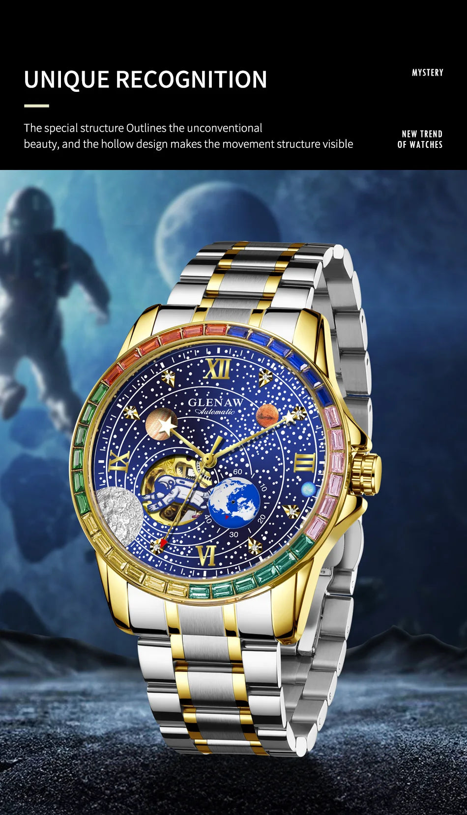 GLENAW New Rotating Earth Mechanical Watch Men Space astronaut dial Night Light Waterproof Stainless Steel Strap Automatic Watch