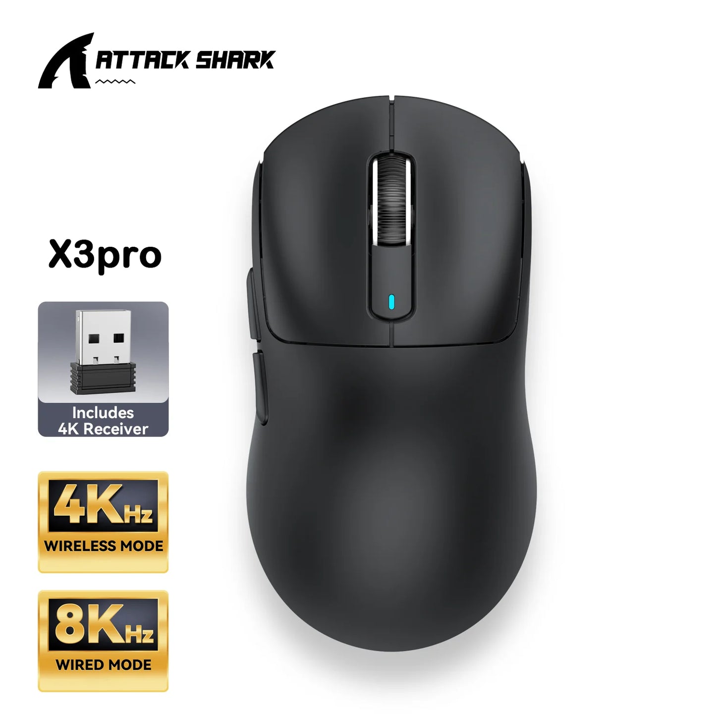 Mouse gaming wireless ATTACK SHARK X3/X3PRO 4K/8K, 26K DPI, tri-mode (cablato/2.4GHz/BT5.2), leggero, sensore PAW3395 per gamer