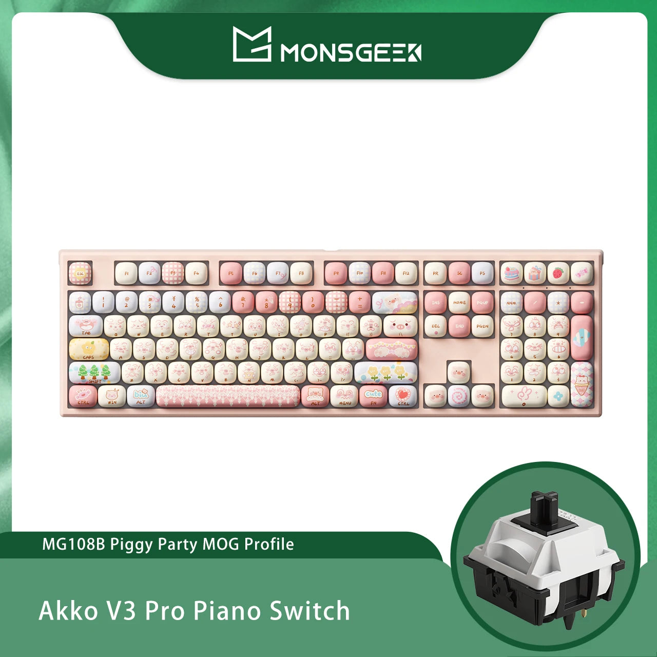 Teclado mecánico inalámbrico Akko MonsGeek MG108B Bun Wonderland, perfil MOG, RGB, 108 teclas, tamaño completo, hot swap, USB / 2.4G / BT 5.0