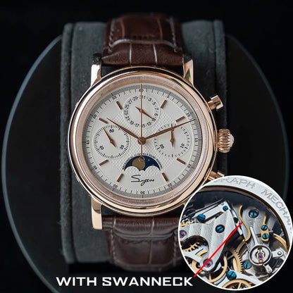 Sugess Men Watch ST1908 Swanneck Movement Mechanical Chronograph Wristwatch Genuine Moonphase Calendar Vintage Leather NEW 2023