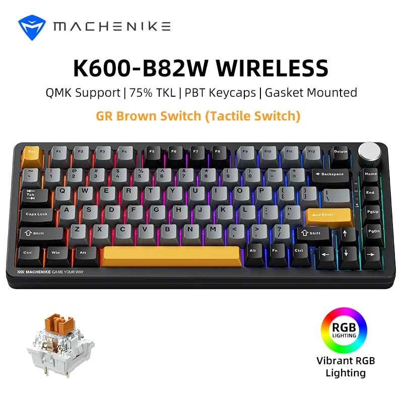 Tastiera meccanica Machenike K600-B82W Tri-Mode con montaggio Gasket, layout ANSI 75%, retroilluminazione RGB, tastiera gaming wireless