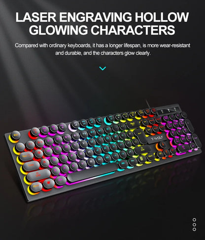 Typewriter style Mechanical feel Gaming Keyboard, Wired, RGB Backlit, Round Keycaps Mouse and Keyboard Bundle Waterproof 104-Key
