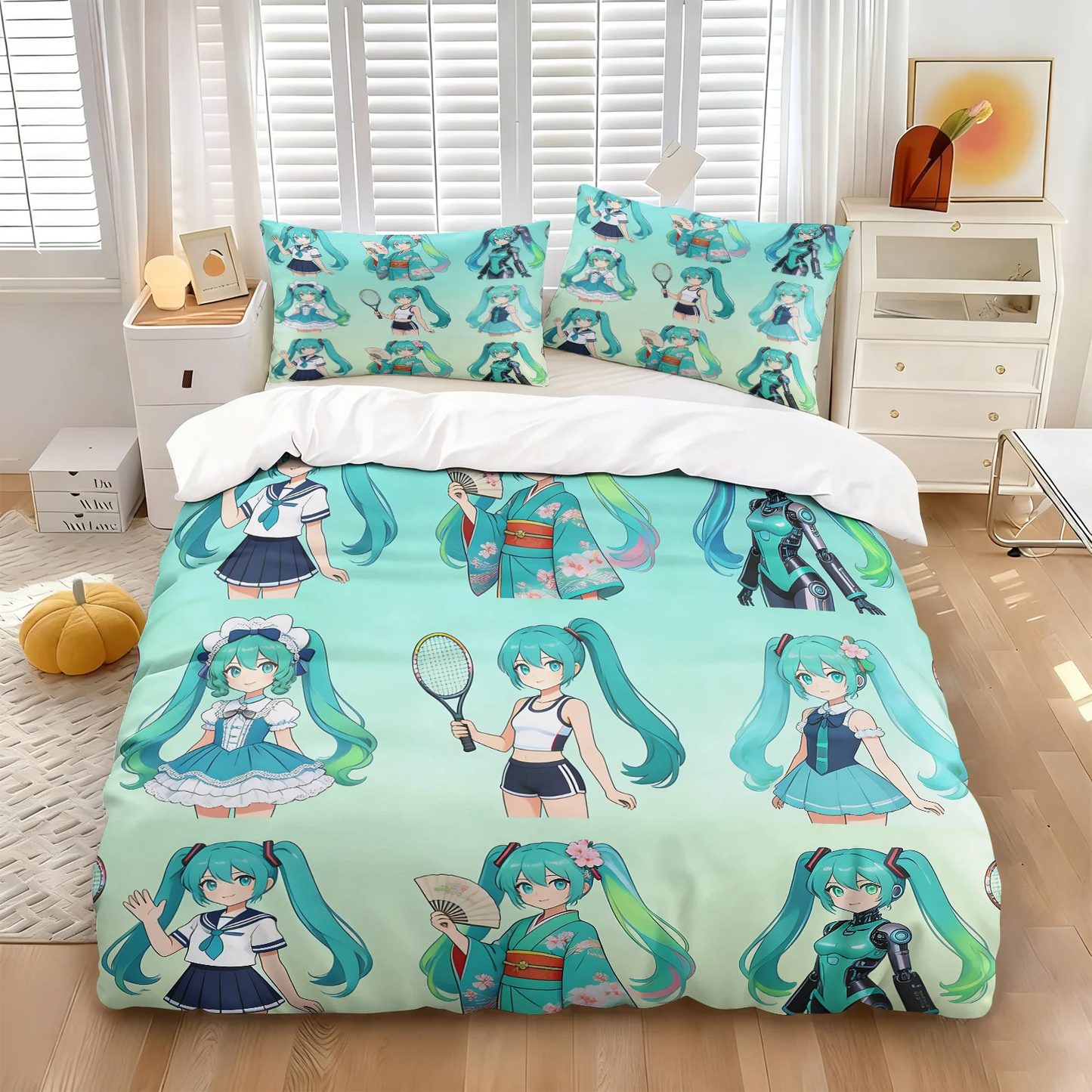 Hatsune Miku Chibi Style Duvet Cover Set Cute Anime Bedding with Pillowcases Gaming Room Teens Kids Bedroom Decor Gift for fans