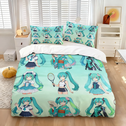 Hatsune Miku Chibi Style Duvet Cover Set Cute Anime Bedding with Pillowcases Gaming Room Teens Kids Bedroom Decor Gift for fans