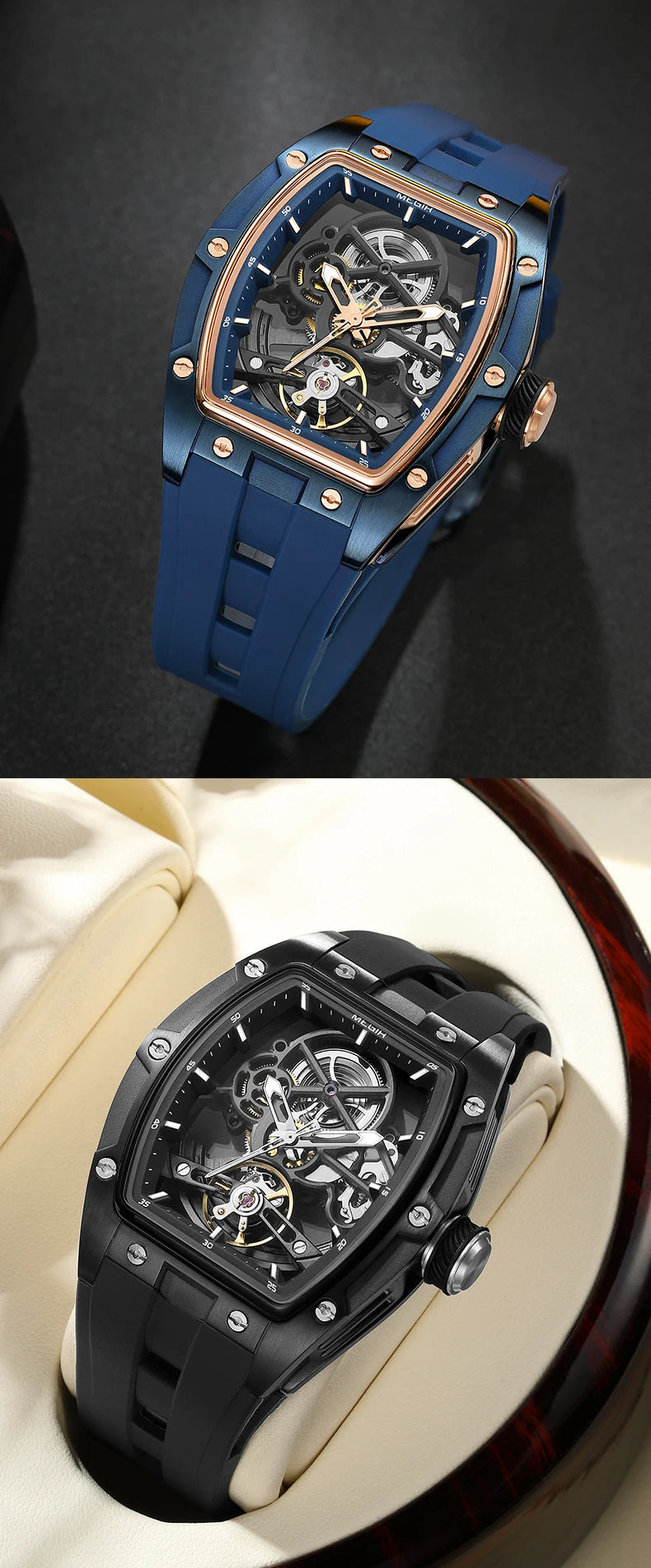 MEGIR 2242 Blue Automatic Watch for Men Sport Waterproof Stainless Steel Mechanical Wristwatch with Silicone Strap Skeleton Dial