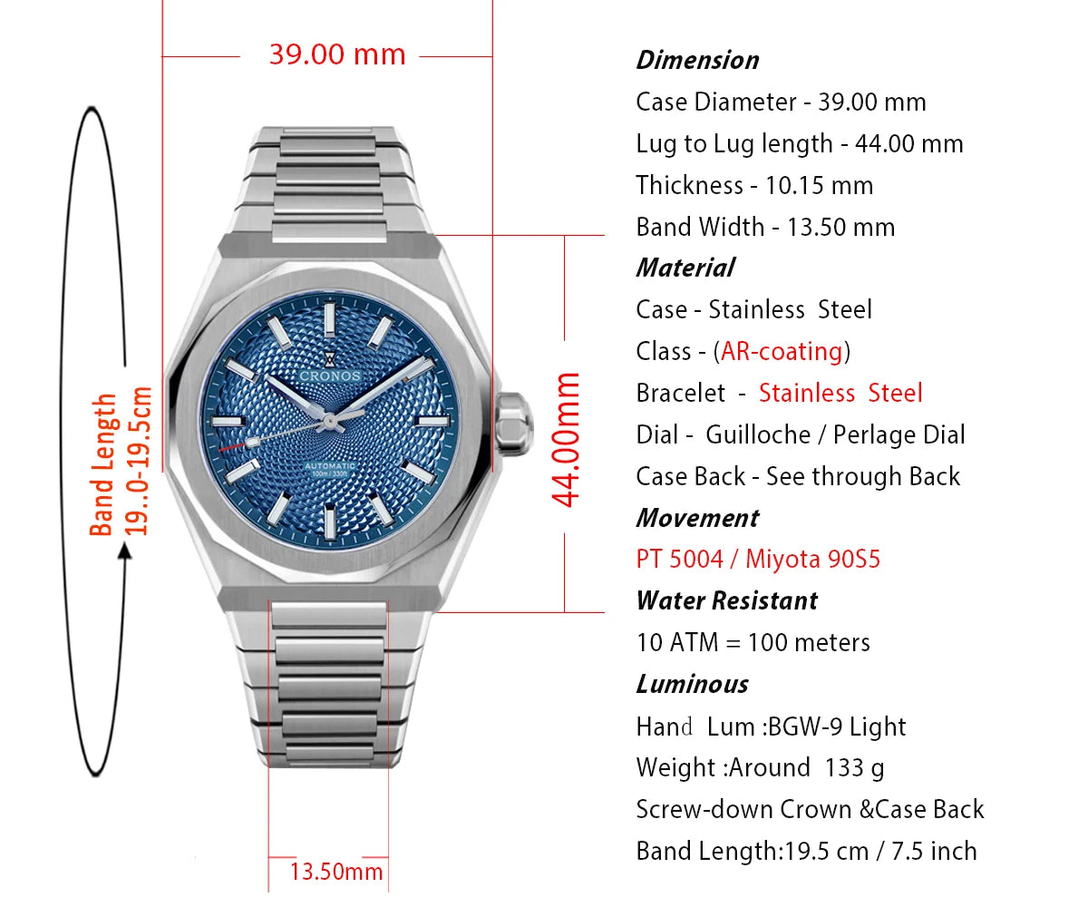 Cronos New Rhombus Perlage 39mm Dial PT5004 Miyota 90S5 See-through Caseback Men Automatic Wristwatches 10ATM Lumious