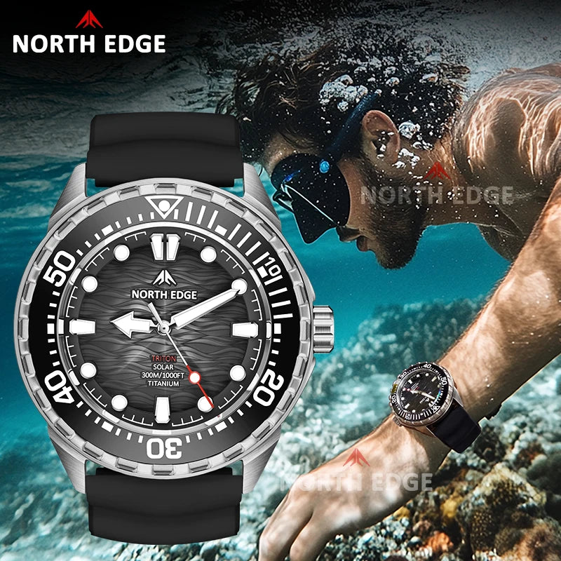 NORTH EDGE NEW+ TRITON-TI Titanium Solar-Powered Diving Watch Luxury Quartz Watches For Men 300M Waterproof 180+ Day Power