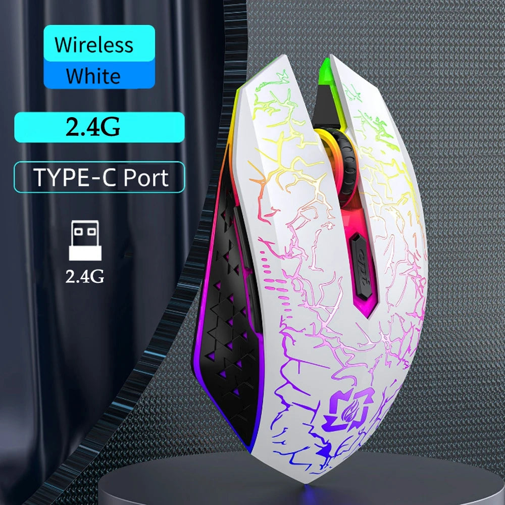Rato Gaming RGB 2.4G sem fios, rato Bluetooth 1600DPI, 6 botões silenciosos, rato ergonómico de modo duplo para escritório, para MacBook e PC