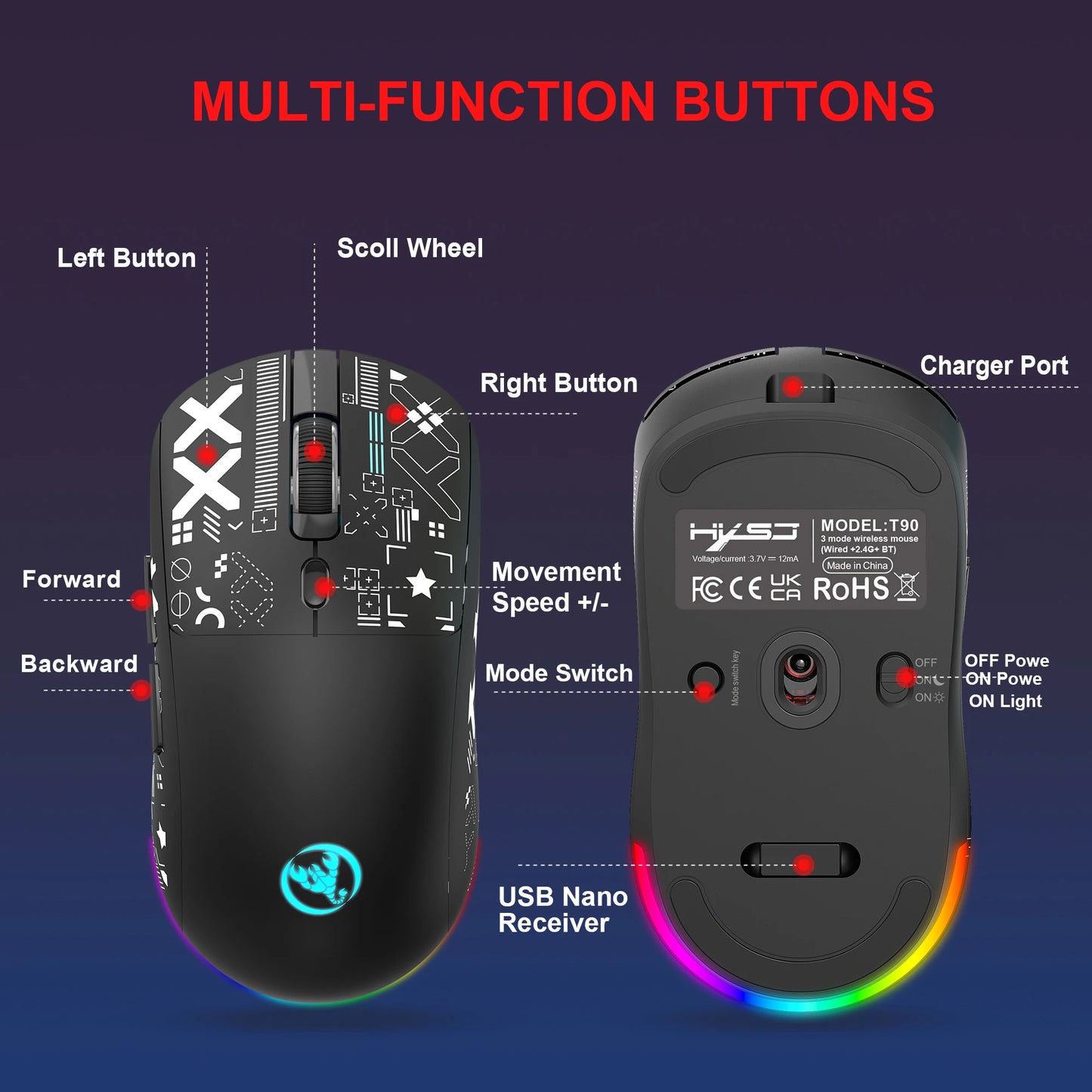 RGB Wireless Gaming Mouse With Charging Dock 3-Mode Connection Silent Buttons Long-Lasting Rechargeable Battery for PC Laptop