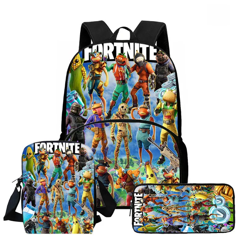 Fortnite Cartoon 3Pcs Backpack Set Unisex for Boys Girls, Backpack with Front Pocket, Crossbody Bag & Pencil Case, Best Gift