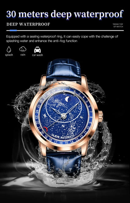 OLEVS 9923 Men's Watches Moon Phase Automatic Mechanical Watch for Man Blue Leather Luxury Dress Waterproof Luminous Wristwatch