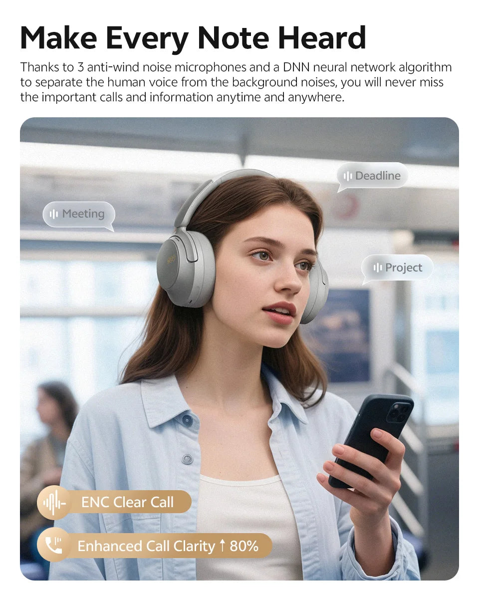 Auscultadores Over-Ear QCY H3S ANC Bluetooth 6.0 – Áudio Espacial Hi-Res LDAC, Cancelamento de Ruído Adaptativo -56dB, Auscultadores Sem Fios