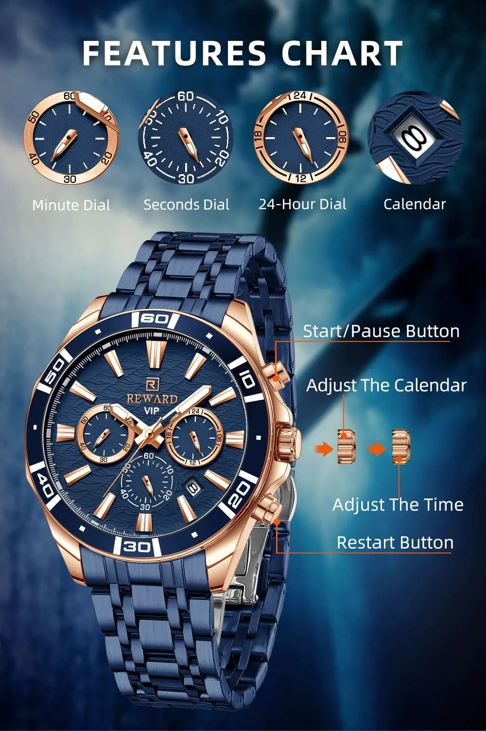 REWARD Mens Watches Waterproof  Luminous Quartz Wristwatch Business Stainless Steel Strap with gift box