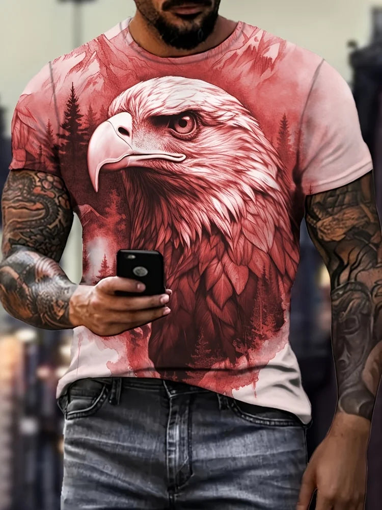 T-shirt patriótica para homem com estampado 3D de águia, gola redonda, manga curta, estilo casual, para verão, moda, atividades ao ar livre e vestuário masculino