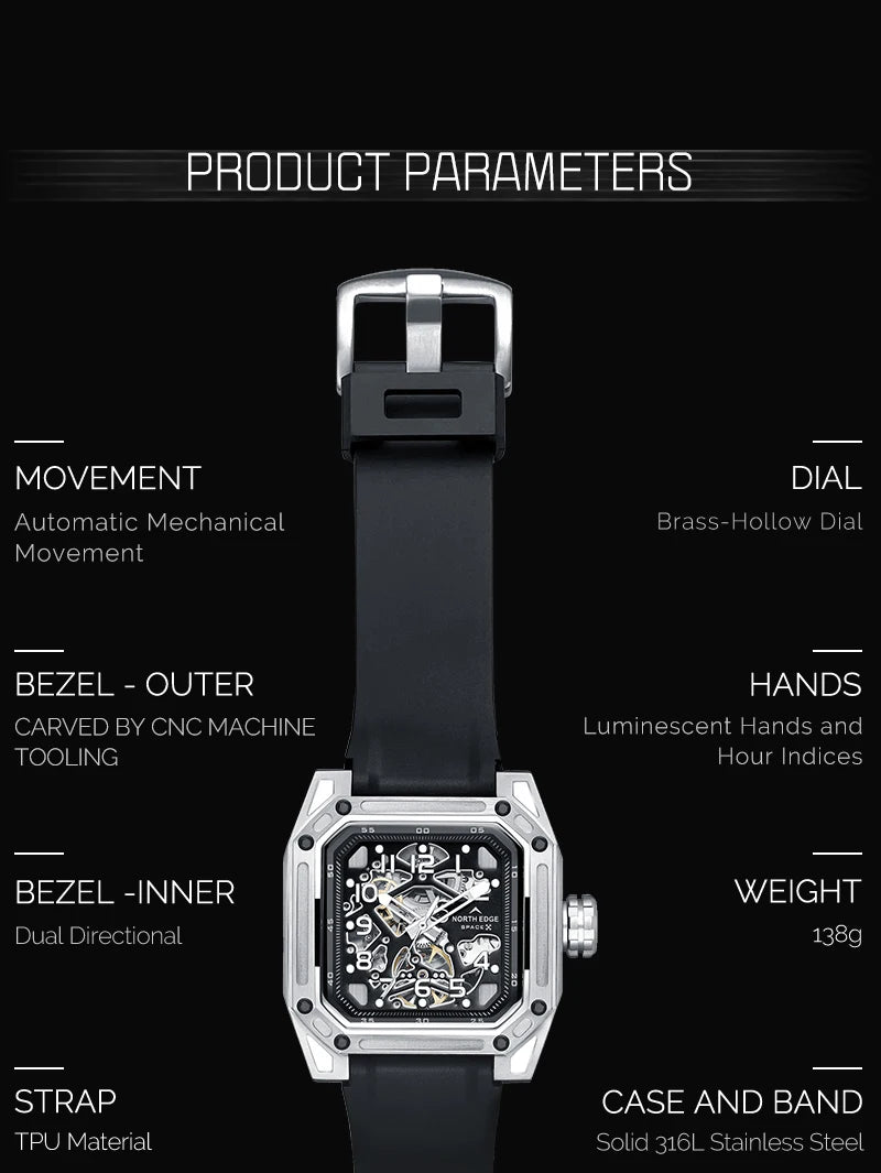 NORTH EDGE Men's Mechanical Watches Stainless Steel Skeleton Automatic Watch For Men Waterproof 100M Seagull's Movement Space X