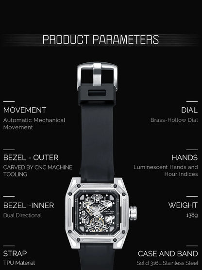 NORTH EDGE Men's Mechanical Watches Stainless Steel Skeleton Automatic Watch For Men Waterproof 100M Seagull's Movement Space X
