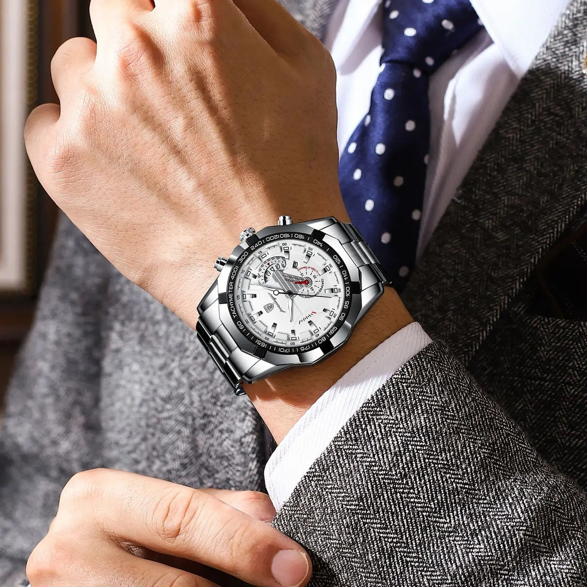 POEDAGAR luxury men’s watch, water-resistant, luminous, date display, sporty, stainless steel bracelet, quartz movement.