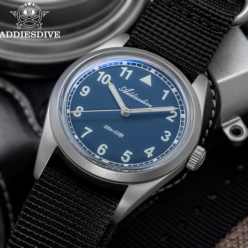 ADDIESDIVE 36mm Men's Analog Watch Bubble Mirror Glass 100m Waterproof Luminous Watch Simple men Quartz Watches with Nylon Strap