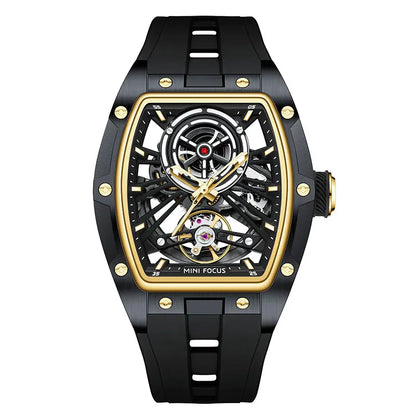 MINI FOCUS Men's Wristwatch Fashion Black Waterproof Automatic Mechanical Watch with Luminous Hands Silicone Strap Tonneau Dial